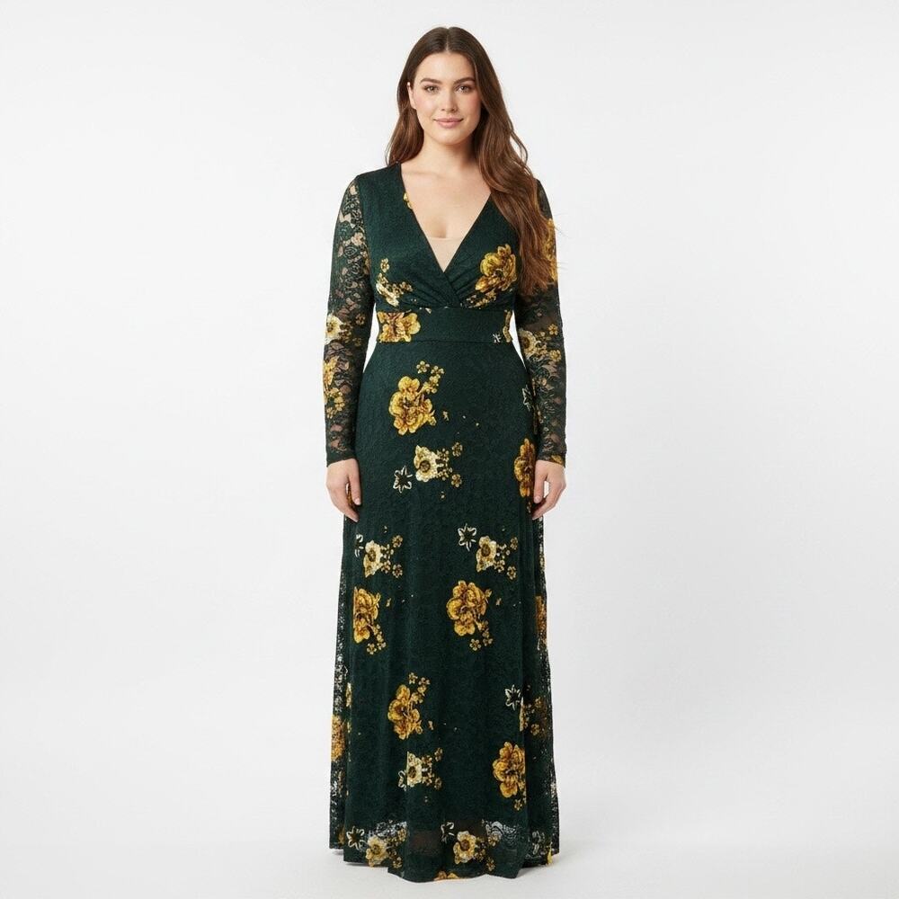 Toleen 3X Green Floral Lace Long Sleeve V Neck Maxi Dress Wedding Formal Luxe